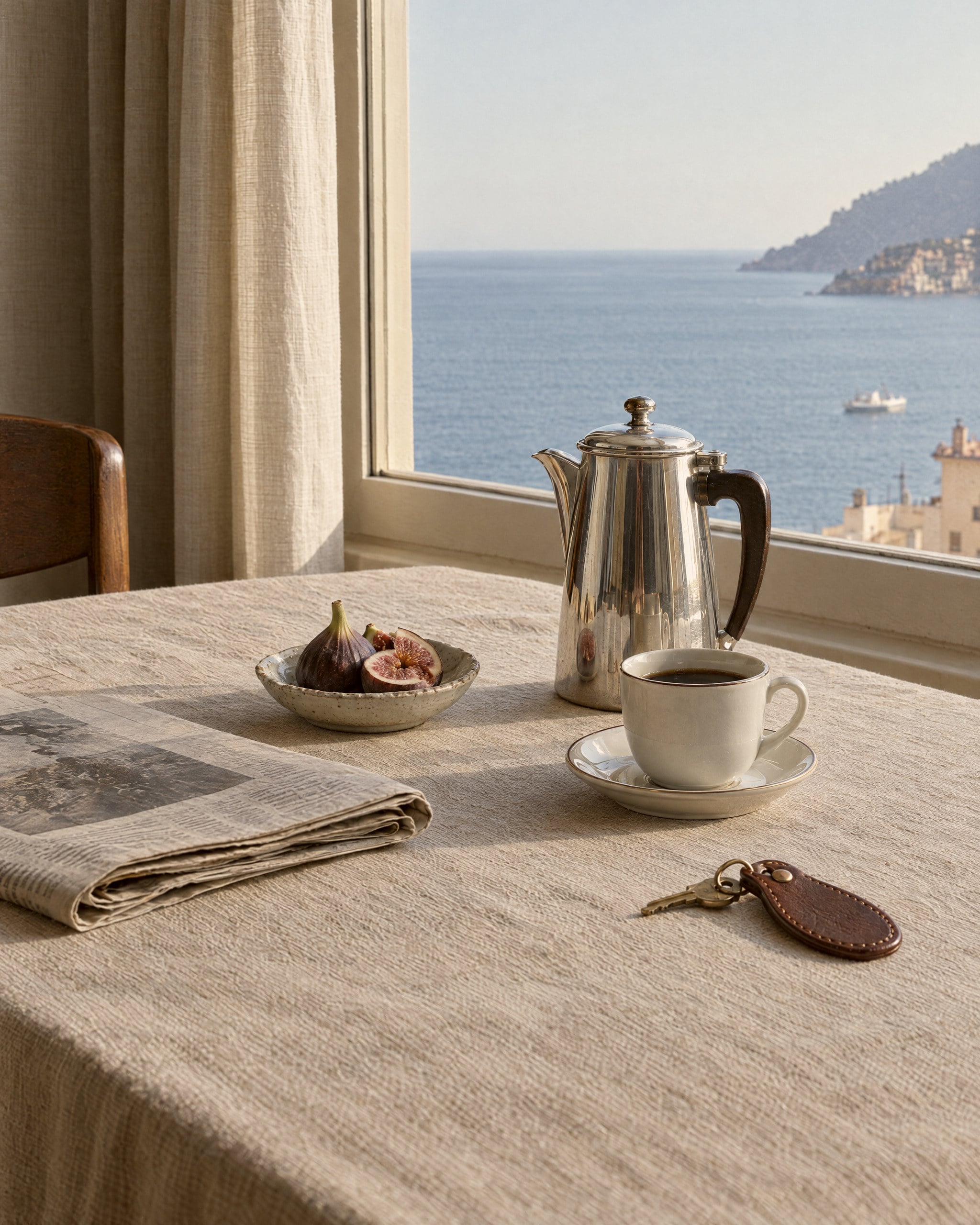 A breakfast table in oatmeal linen by a tall window, with a silver coffee pot, a cup of black coffee on its saucer, a small bowl of halved figs, a folded newspaper and a key on a leather fob; a calm sea, a green headland and a small white boat beyond the glass.