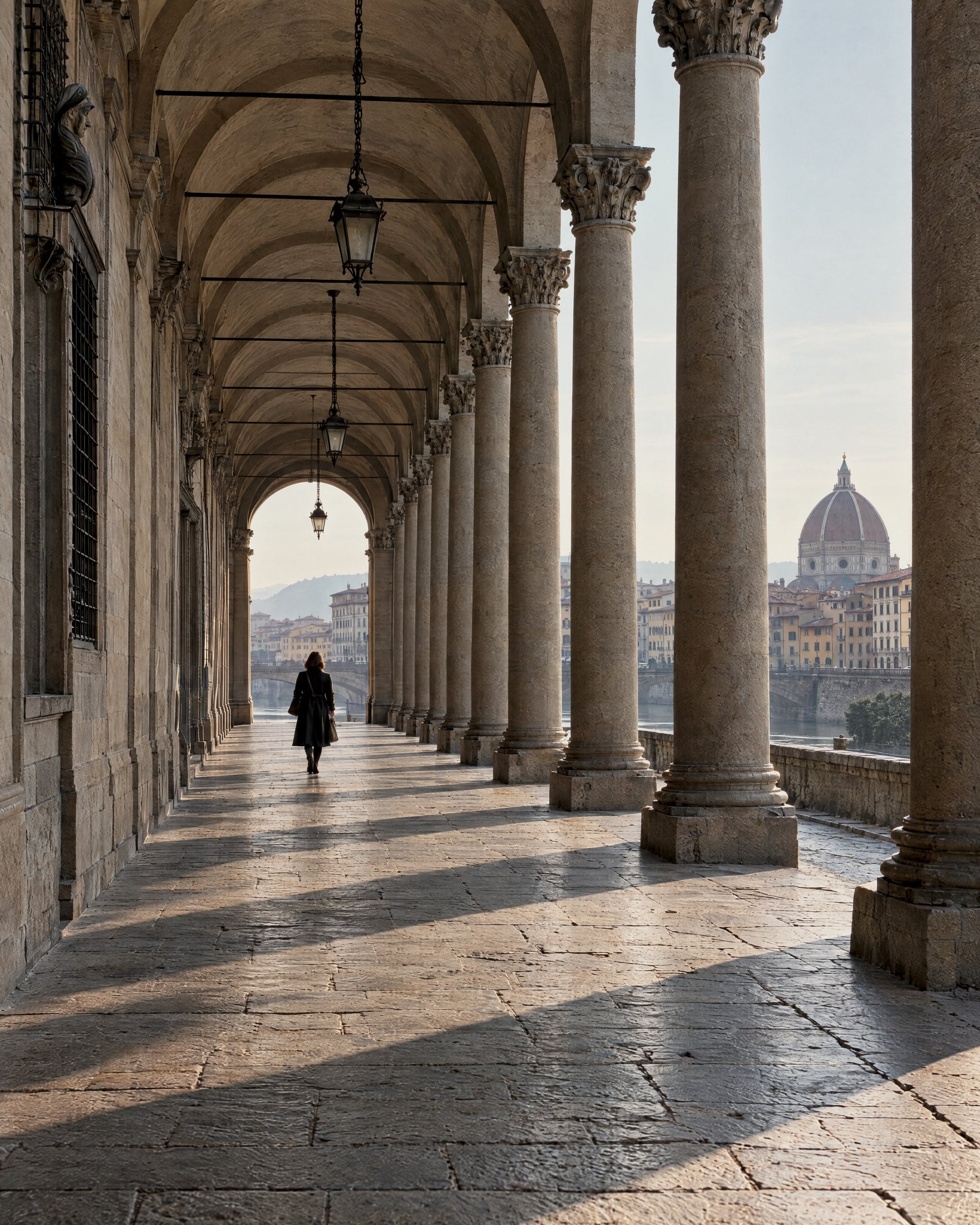 A long stone colonnade with carved capitals and hanging iron lanterns, soft shadows striping the worn flagstones, a lone figure seen from behind walking toward a bright arch, and a domed cathedral rising over old rooftops beyond the river.
