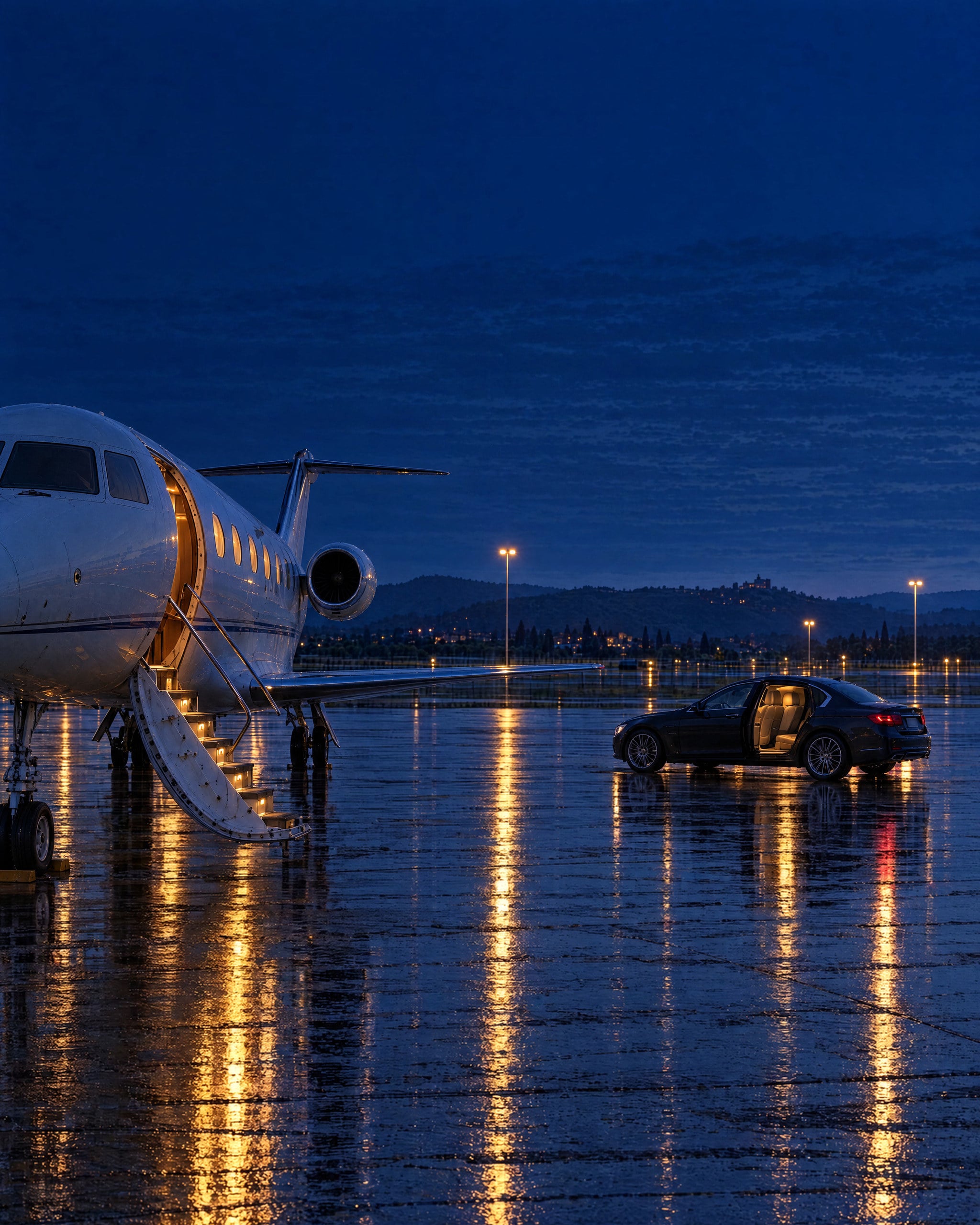 A white private jet stands on a rain-wet apron at blue hour. Its cabin door is open, the airstair is lowered and lit, and warm light shows in the round windows. A dark saloon car waits nearby with its rear door open and its cream interior lit. Floodlights on tall masts cast long golden reflections across the wet tarmac. Low dark hills with a few distant lights sit under a deep blue sky with thin broken cloud.