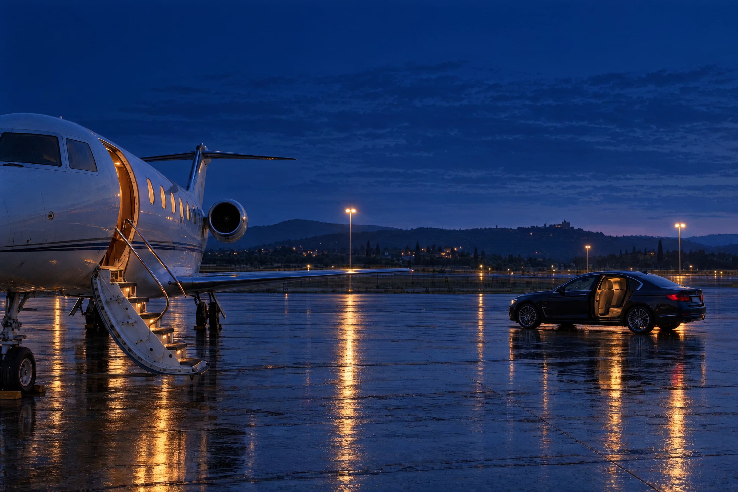 A white private jet stands on a rain-wet apron at blue hour. Its cabin door is open, the airstair is lowered and lit, and warm light shows in the round windows. A dark saloon car waits nearby with its rear door open and its cream interior lit. Floodlights on tall masts cast long golden reflections across the wet tarmac. Low dark hills with a few distant lights sit under a deep blue sky with thin broken cloud.