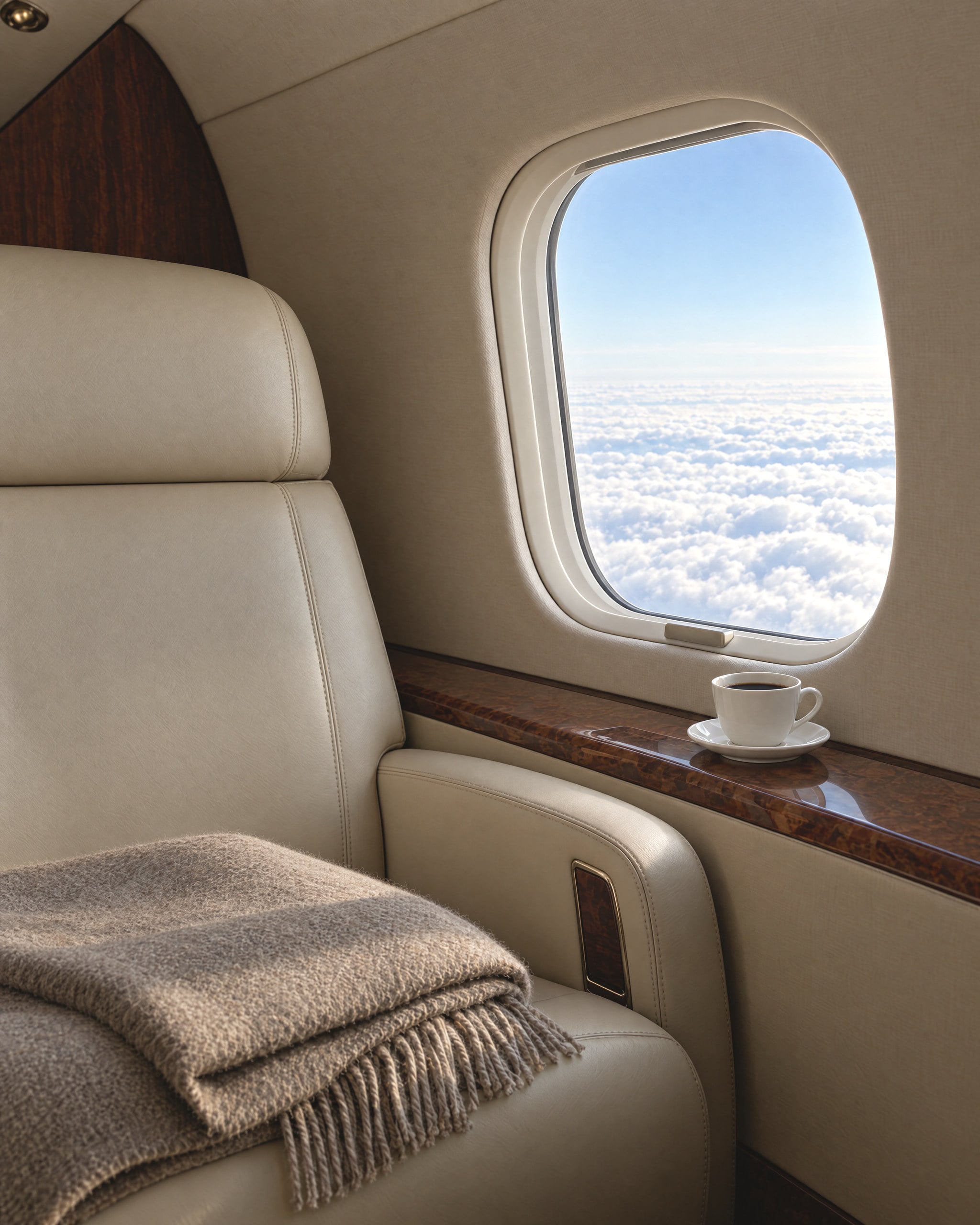 Inside a private jet cabin in flight: a cream leather seat with a folded taupe wool blanket in the foreground, an oval window looking down on an unbroken sea of white clouds under a pale blue sky, and a white cup of black coffee on a saucer on the polished burl-wood ledge below the window.