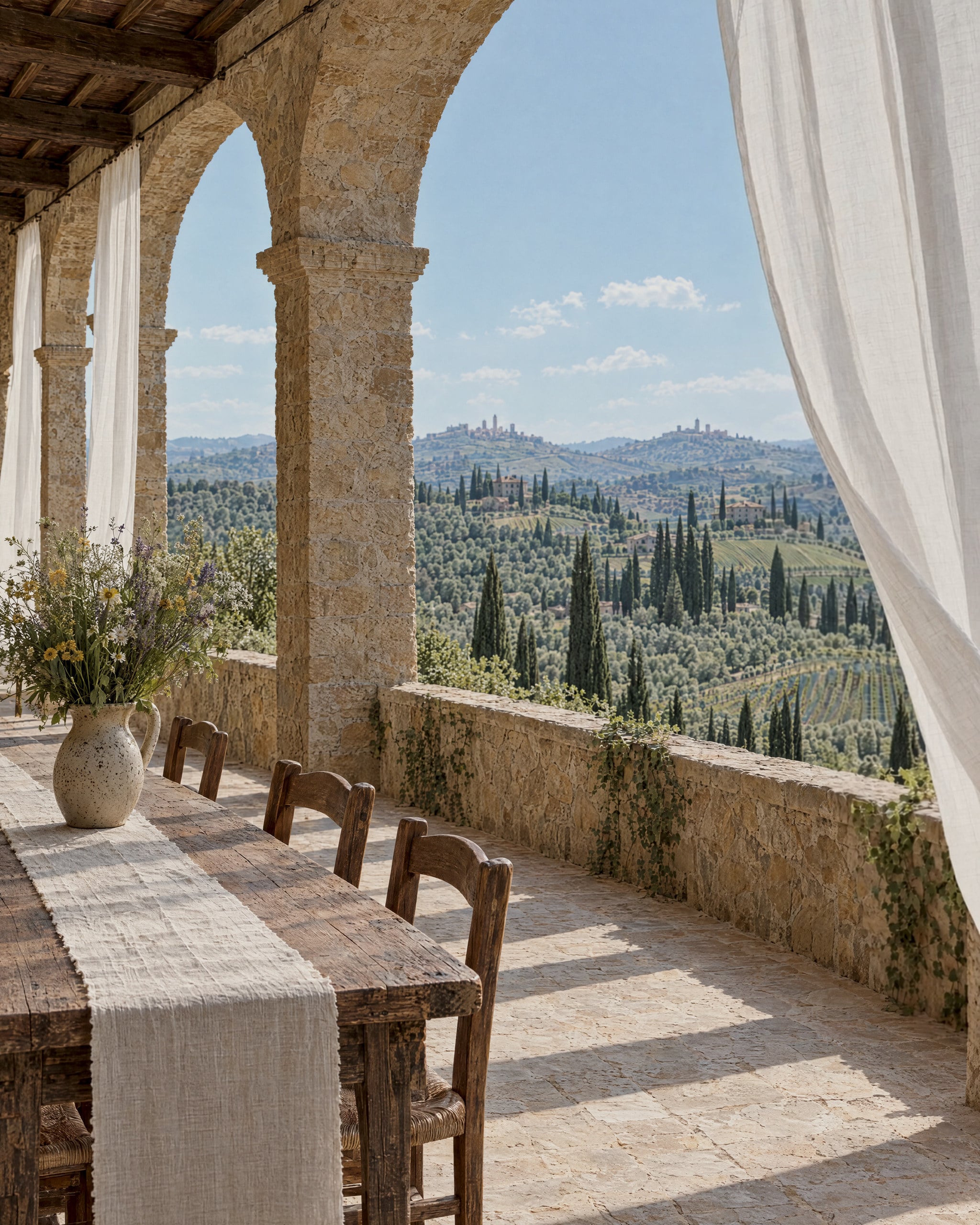 A stone loggia in bright late-morning sun. Sheer white linen curtains hang between rough honey-coloured stone arches. A long weathered wooden table with a linen runner and a stoneware jug of wild flowers sits in the shade, and hills of cypresses, olive groves and vineyards roll away under a clear blue sky with a few small clouds.