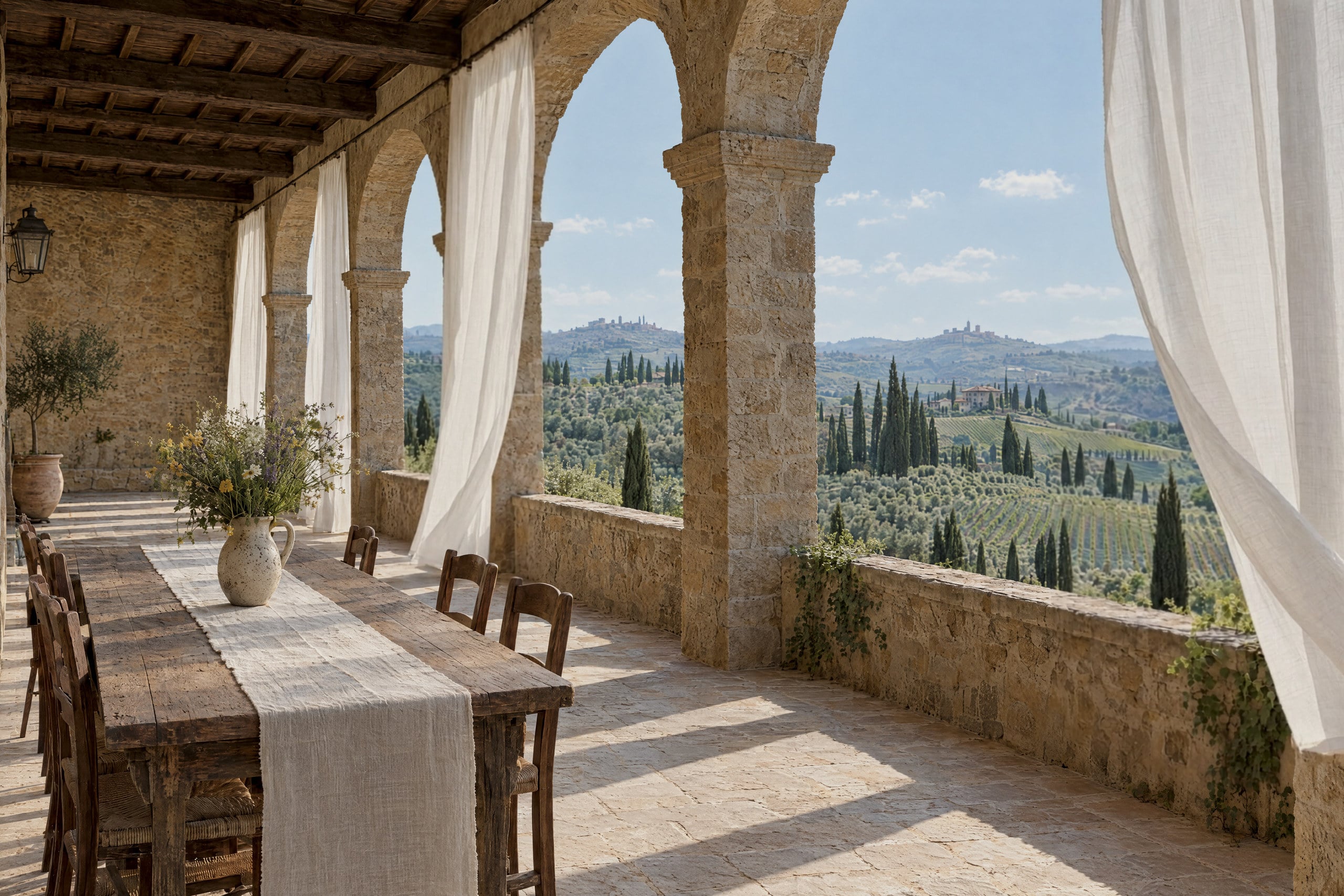 A stone loggia in bright late-morning sun. Sheer white linen curtains hang between rough honey-coloured stone arches. A long weathered wooden table with a linen runner and a stoneware jug of wild flowers sits in the shade, and hills of cypresses, olive groves and vineyards roll away under a clear blue sky with a few small clouds.