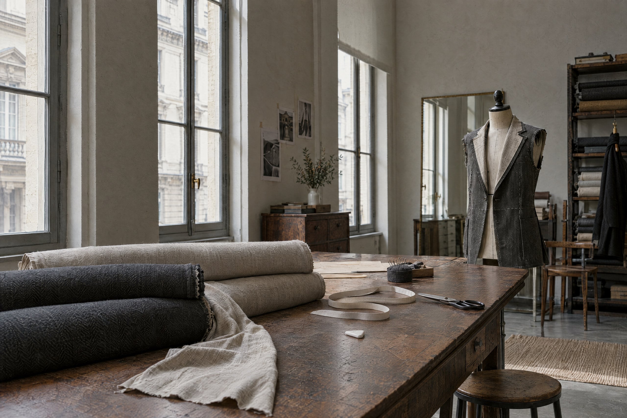 A tailor's workroom with tall windows, a long worn wooden table holding rolls of charcoal and oatmeal cloth, shears and a coiled tape, and a dress form wearing a half-finished grey waistcoat.