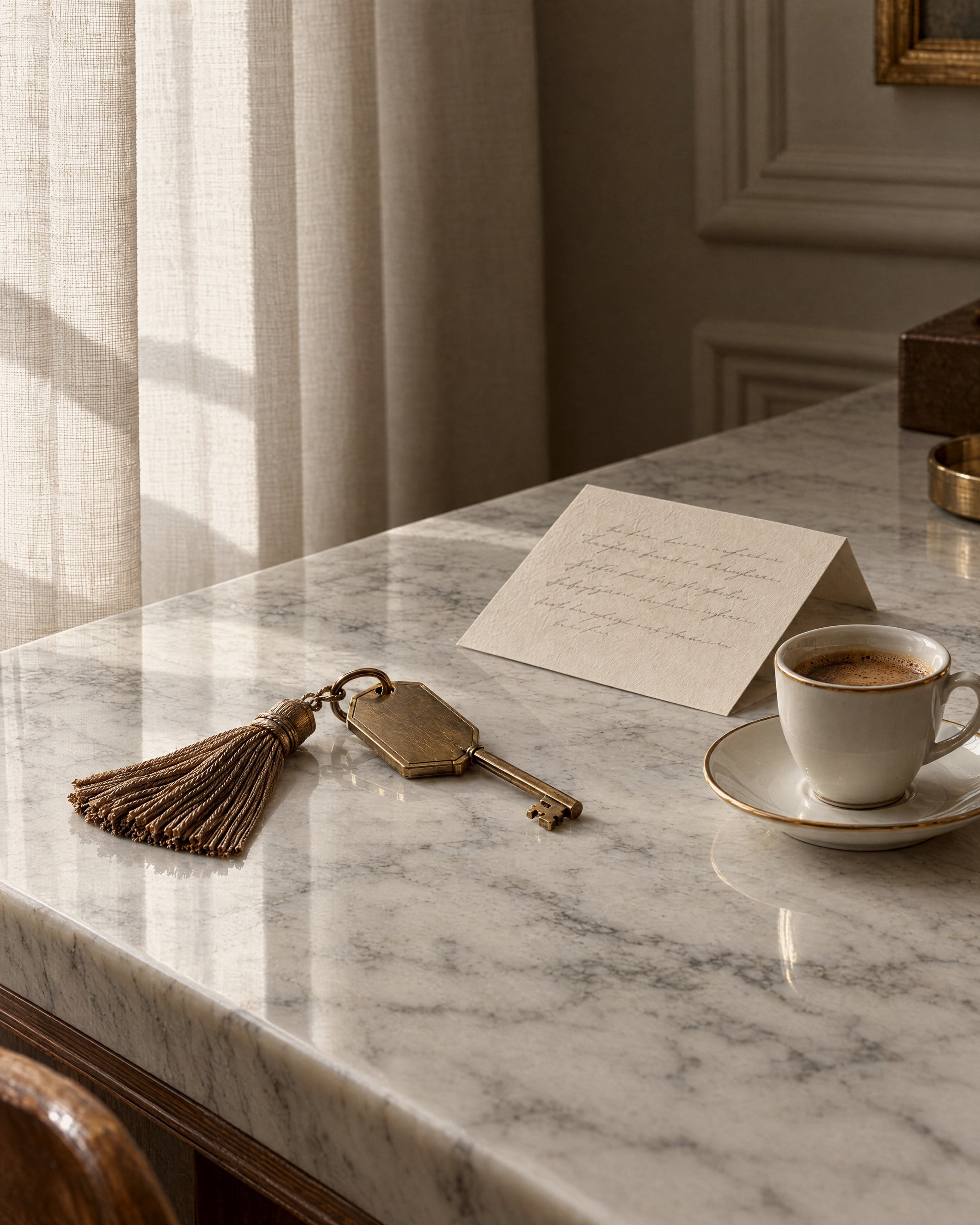The corner of a white marble desk in soft window light, with a brass key on a brown silk tassel, a folded handwritten card and a cup of coffee on a gold-rimmed saucer beside a sheer linen curtain.