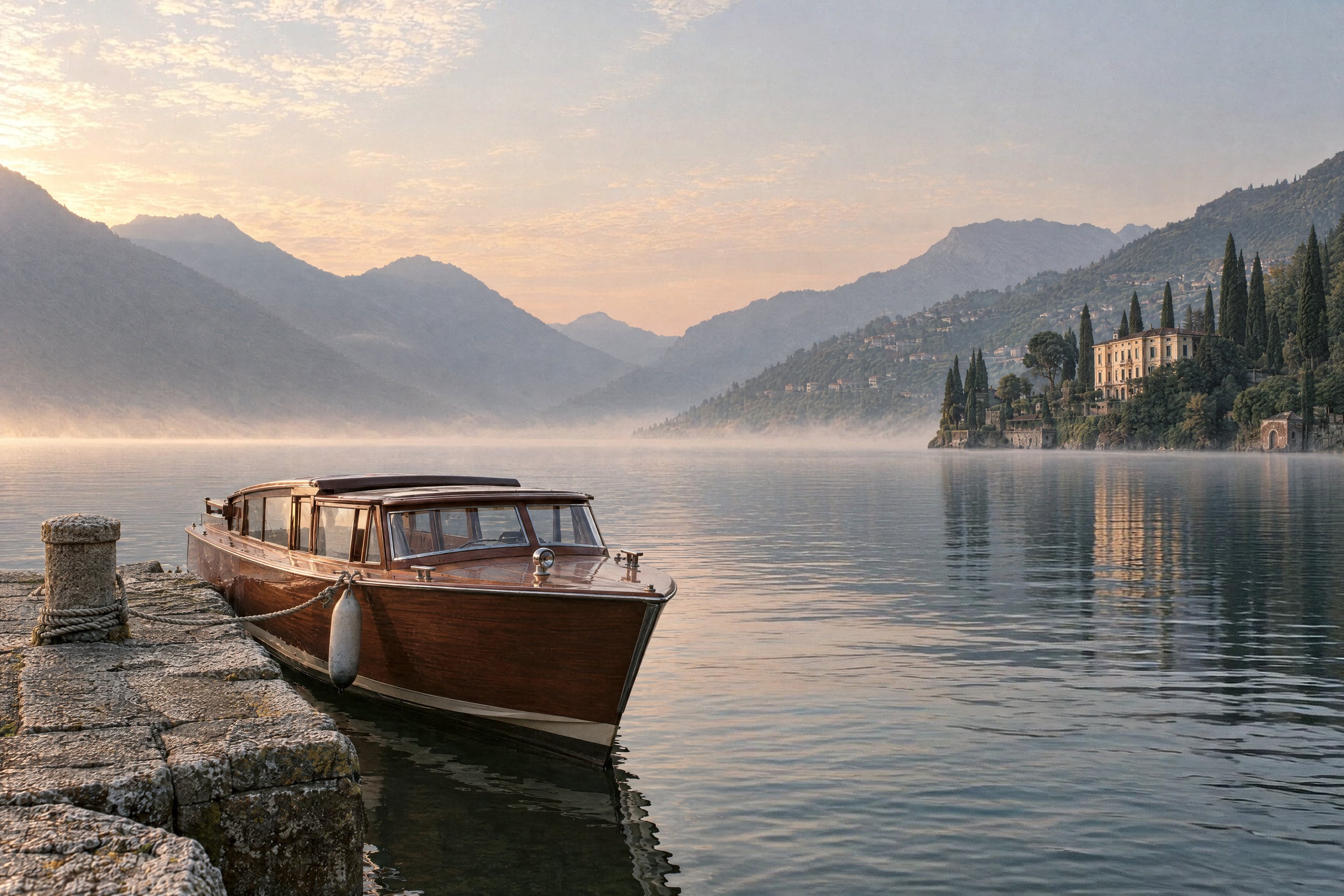 A varnished wooden launch moored beside a weathered stone jetty on a calm lake at first light, low mist lying on the water, a pale yellow villa among tall cypresses on the far shore and hazy mountains under a soft peach sky.
