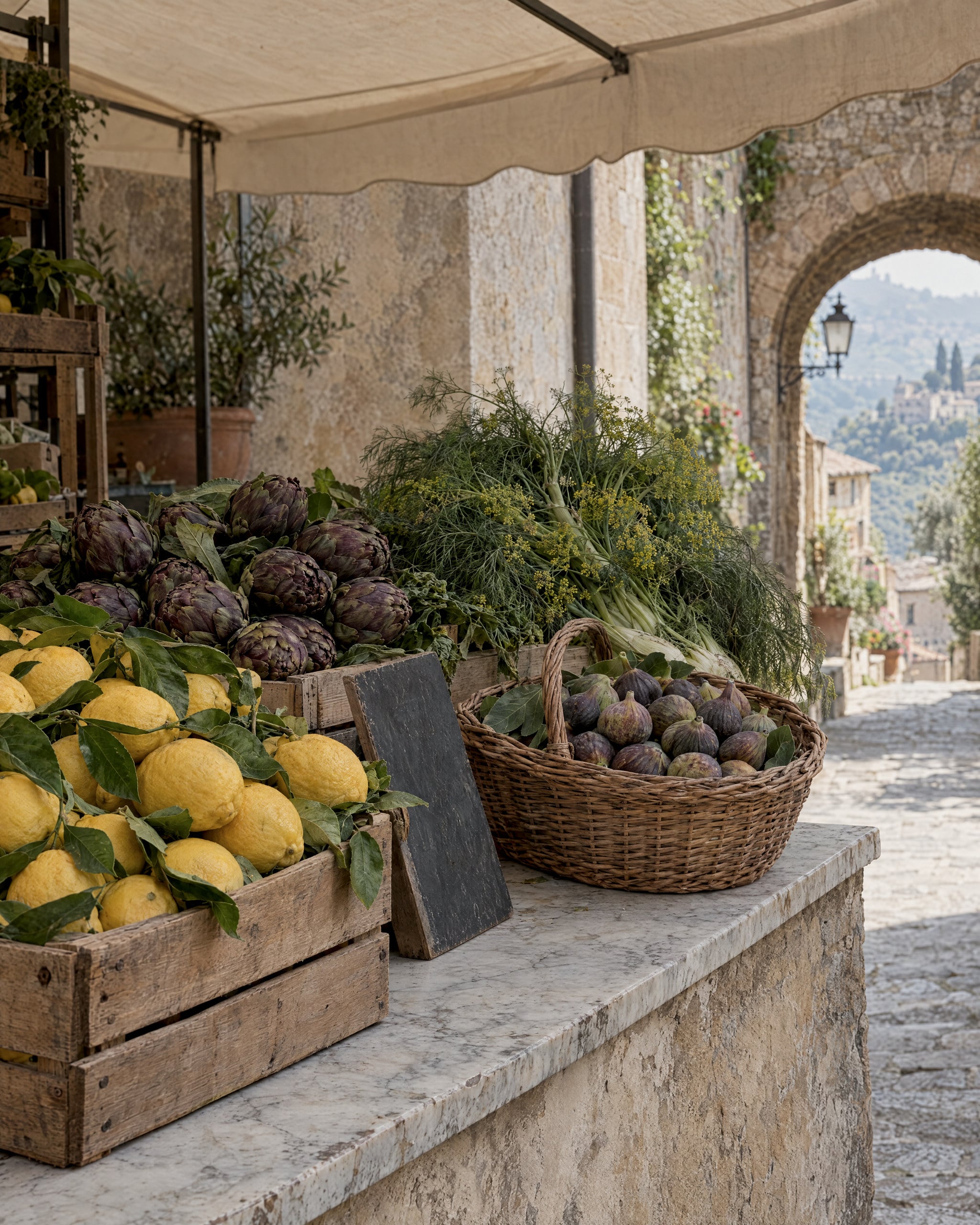Crates of lemons still on their leaves, purple artichokes, wild fennel and a basket of figs on a worn marble counter under a canvas awning, with a stone arch opening onto a sunlit lane.