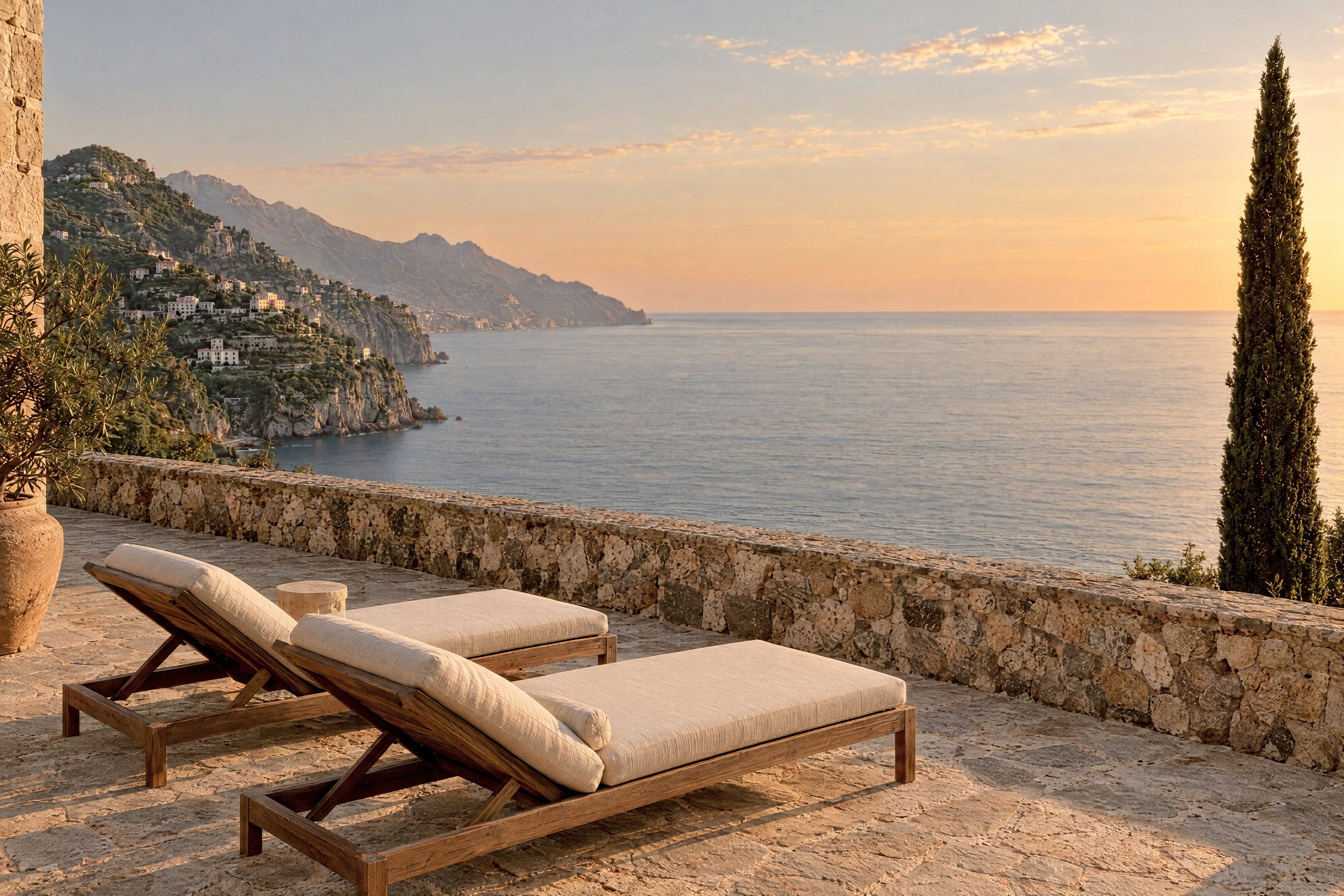 A stone terrace in low evening sun with two cushioned wooden loungers in front of a low stone wall. A tall cypress stands at the right edge. Beyond the wall, a calm sea stretches to the horizon beneath steep cliffs and a small town of pale buildings.