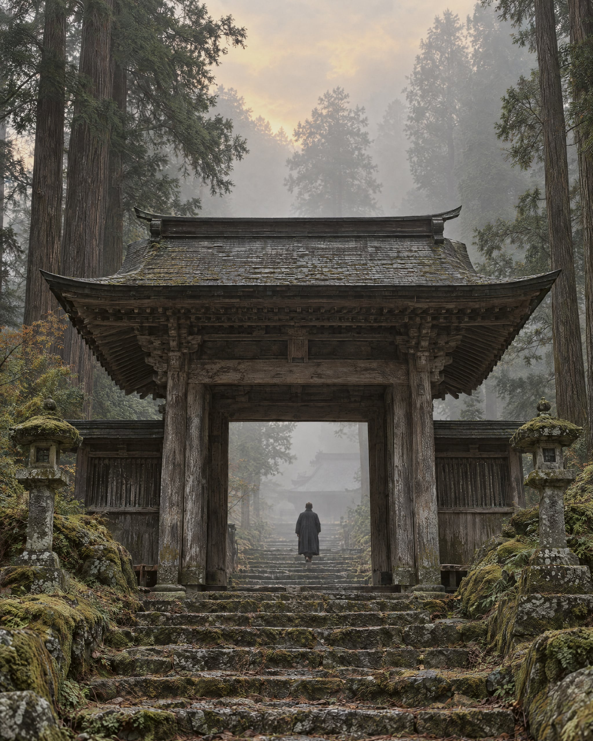 A weathered wooden temple gate with a mossy tiled roof stands at the top of worn stone steps, flanked by moss-covered stone lanterns and tall cedars in morning mist; a lone figure seen from behind walks through the gateway.