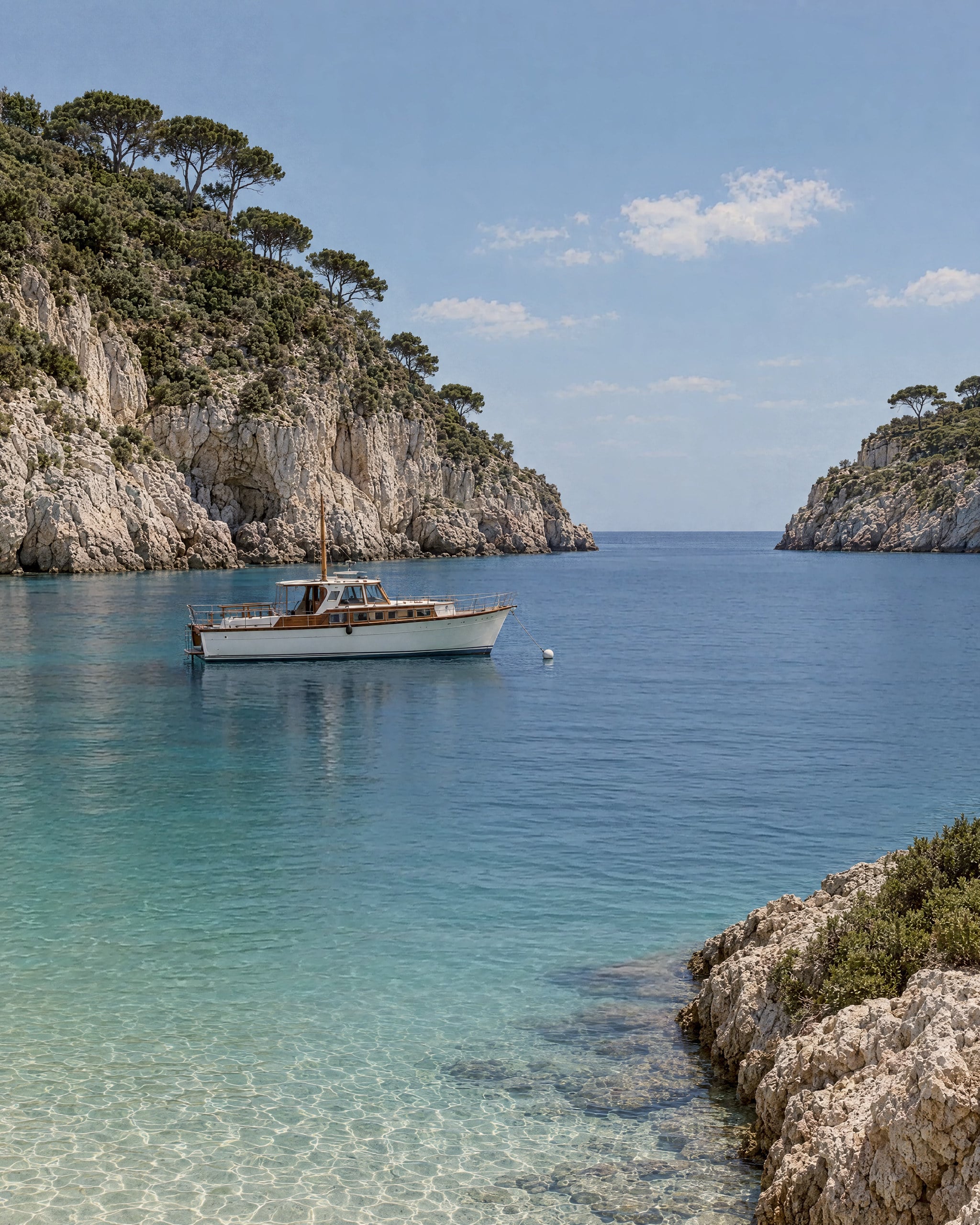 A classic motor yacht with a white hull and a varnished teak cabin lies at anchor in a small limestone cove in bright late-morning sun. Its line runs to a white buoy. Pale cliffs topped with umbrella pines close the cove on both sides and open onto a deep blue sea under a clear sky with a few small clouds. In the foreground, clear turquoise water over pale sand carries rippling light beside a low rock shelf with green scrub.