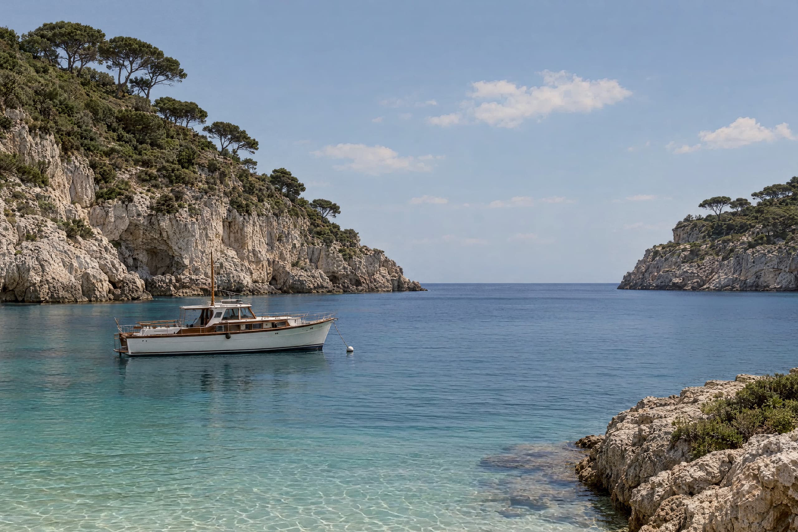A classic motor yacht with a white hull and a varnished teak cabin lies at anchor in a small limestone cove in bright late-morning sun. Its line runs to a white buoy. Pale cliffs topped with umbrella pines close the cove on both sides and open onto a deep blue sea under a clear sky with a few small clouds. In the foreground, clear turquoise water over pale sand carries rippling light beside a low rock shelf with green scrub.