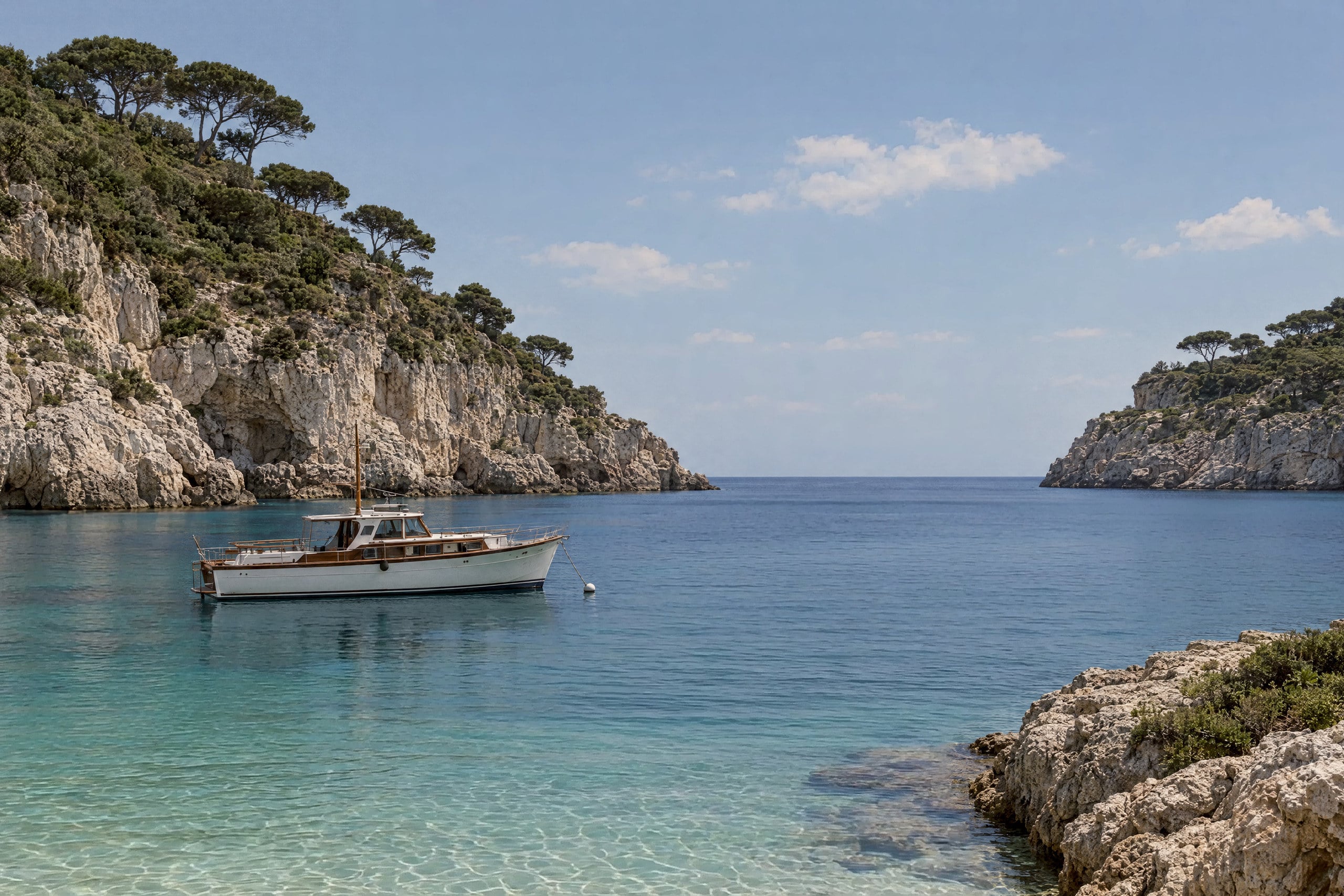 A classic motor yacht with a white hull and a varnished teak cabin lies at anchor in a small limestone cove in bright late-morning sun. Its line runs to a white buoy. Pale cliffs topped with umbrella pines close the cove on both sides and open onto a deep blue sea under a clear sky with a few small clouds. In the foreground, clear turquoise water over pale sand carries rippling light beside a low rock shelf with green scrub.