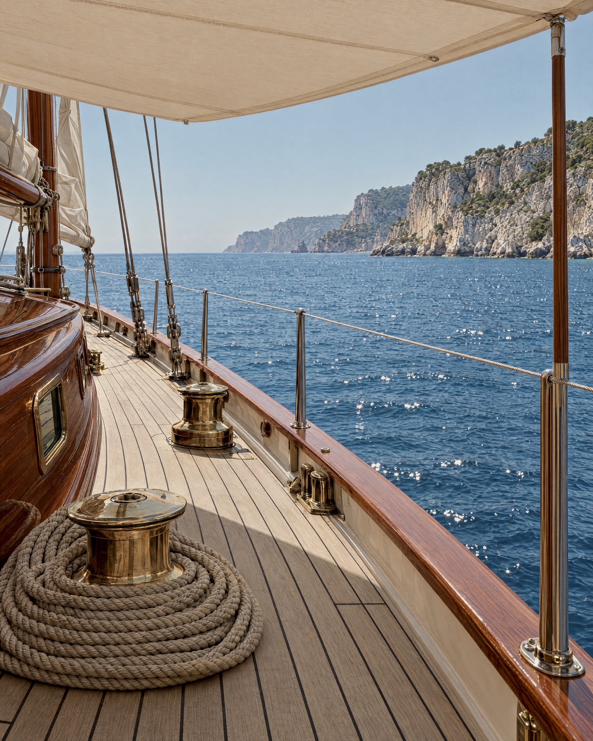 The teak side deck of a classic wooden sailing yacht at midday, shaded by a cream canvas awning. In the foreground a coil of natural-fibre rope sits around a polished brass winch. A varnished mahogany rail, brass cleats and steel lifelines lead forward to a bright blue sea and pale limestone cliffs with green scrub.